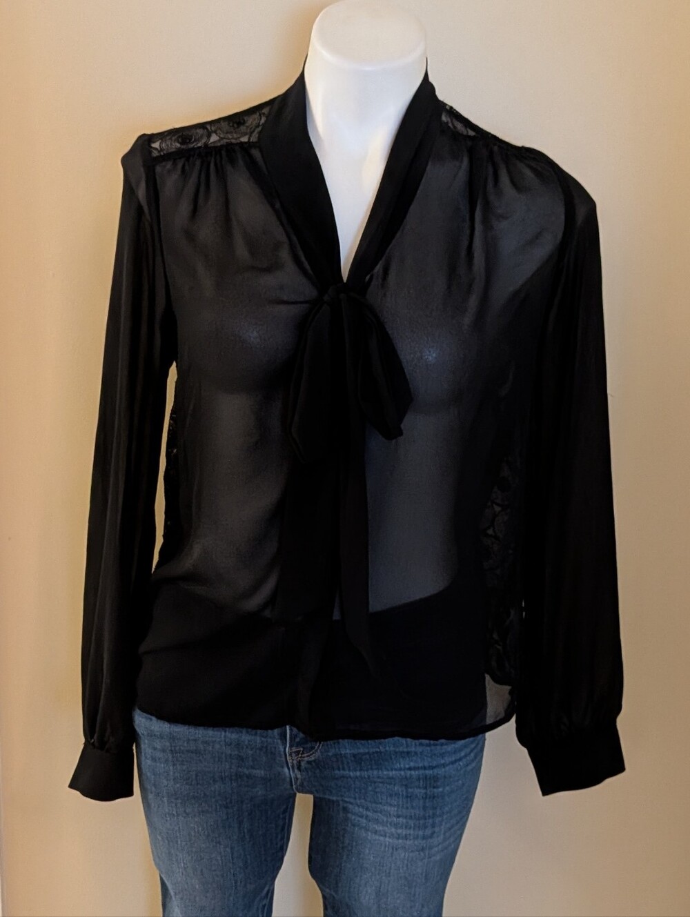 Chloe K black sheer blouse with tie at neck size S